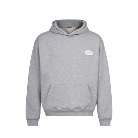 Gray hoodie with a small logo on the chest against a white background