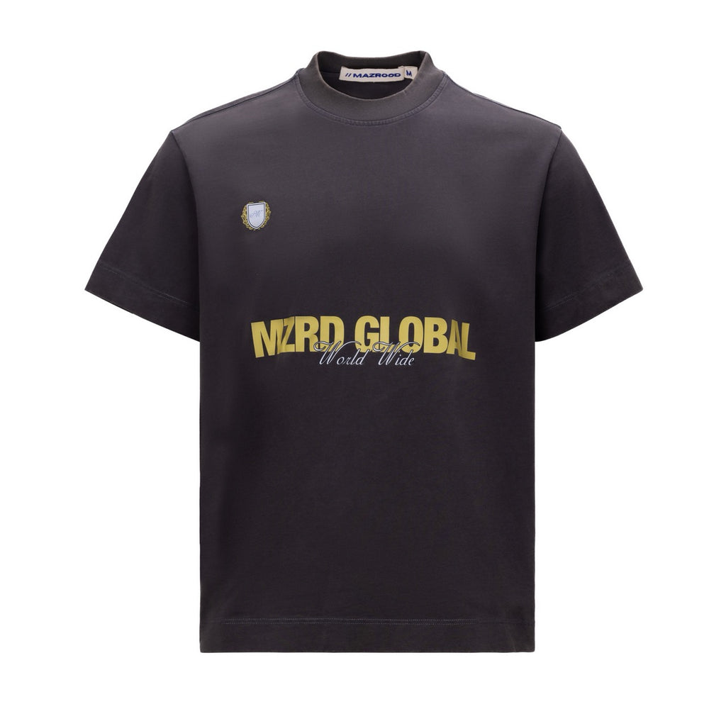 Black t-shirt with yellow text on a white background