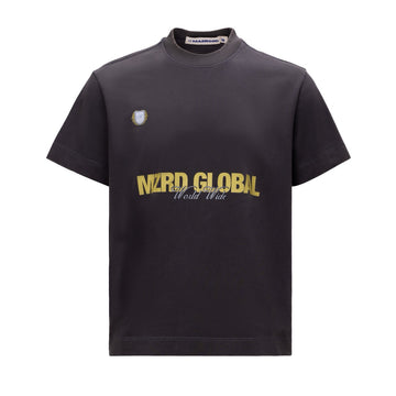 Black t-shirt with yellow text on a white background